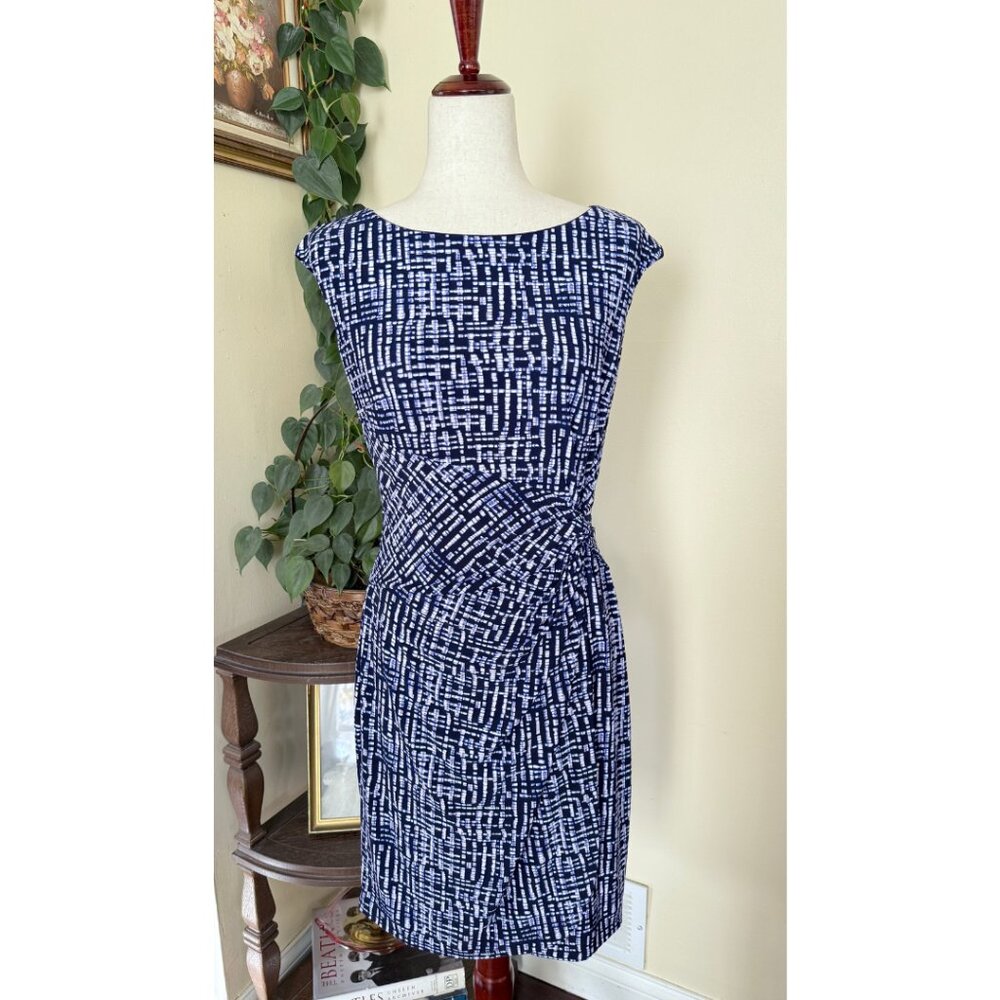 Chaps Blue & White Abstract Faux Wrap Sheath Dress sz M